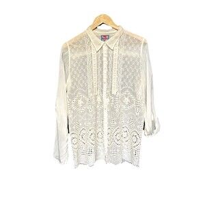 Johnny Was Size Small Embraided Eyelet Button Down Shirt Top Cream Long Sleeve